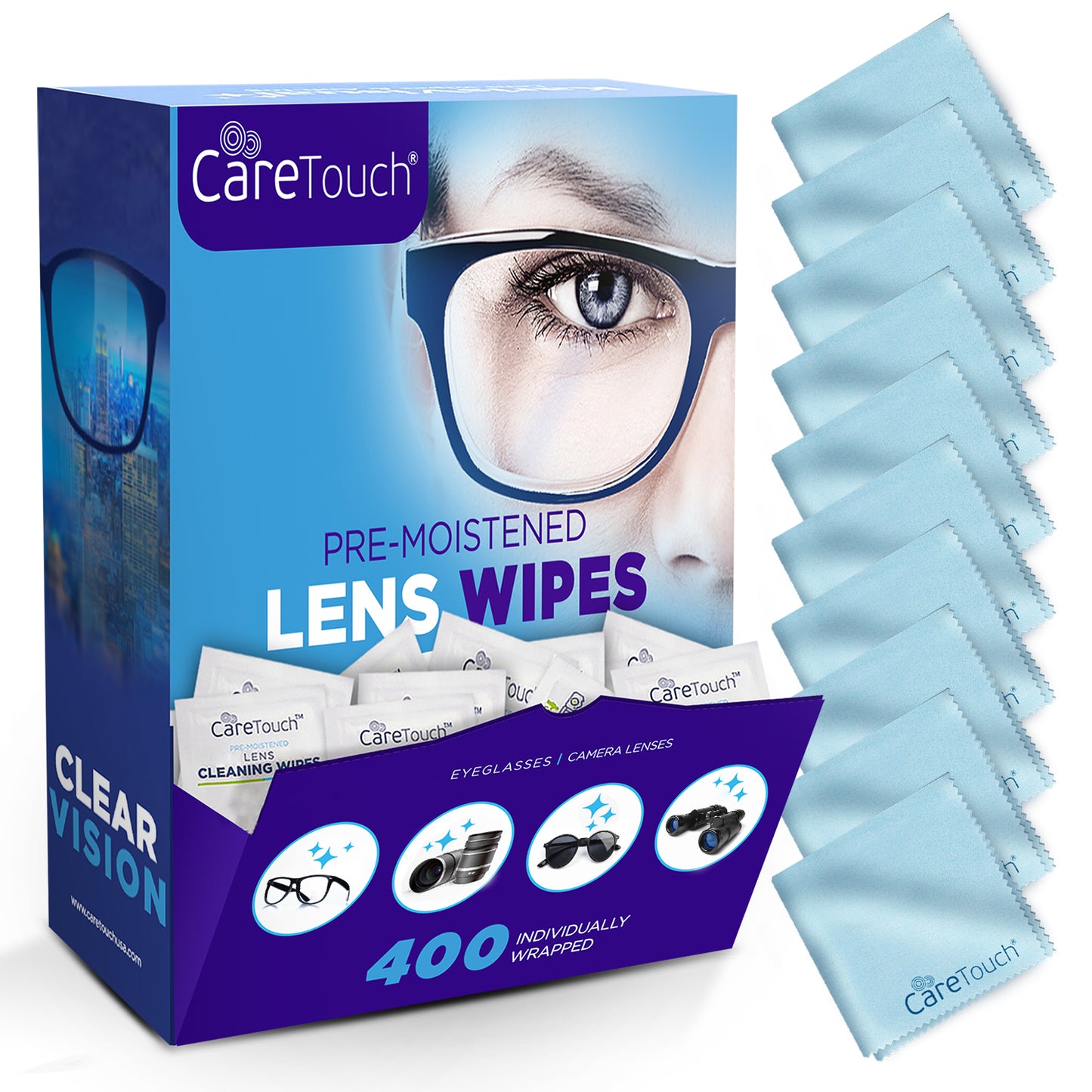 Care Touch Lens Wipes 400ct with 10 Lens Microfiber Cloths (Case of 10 units)
