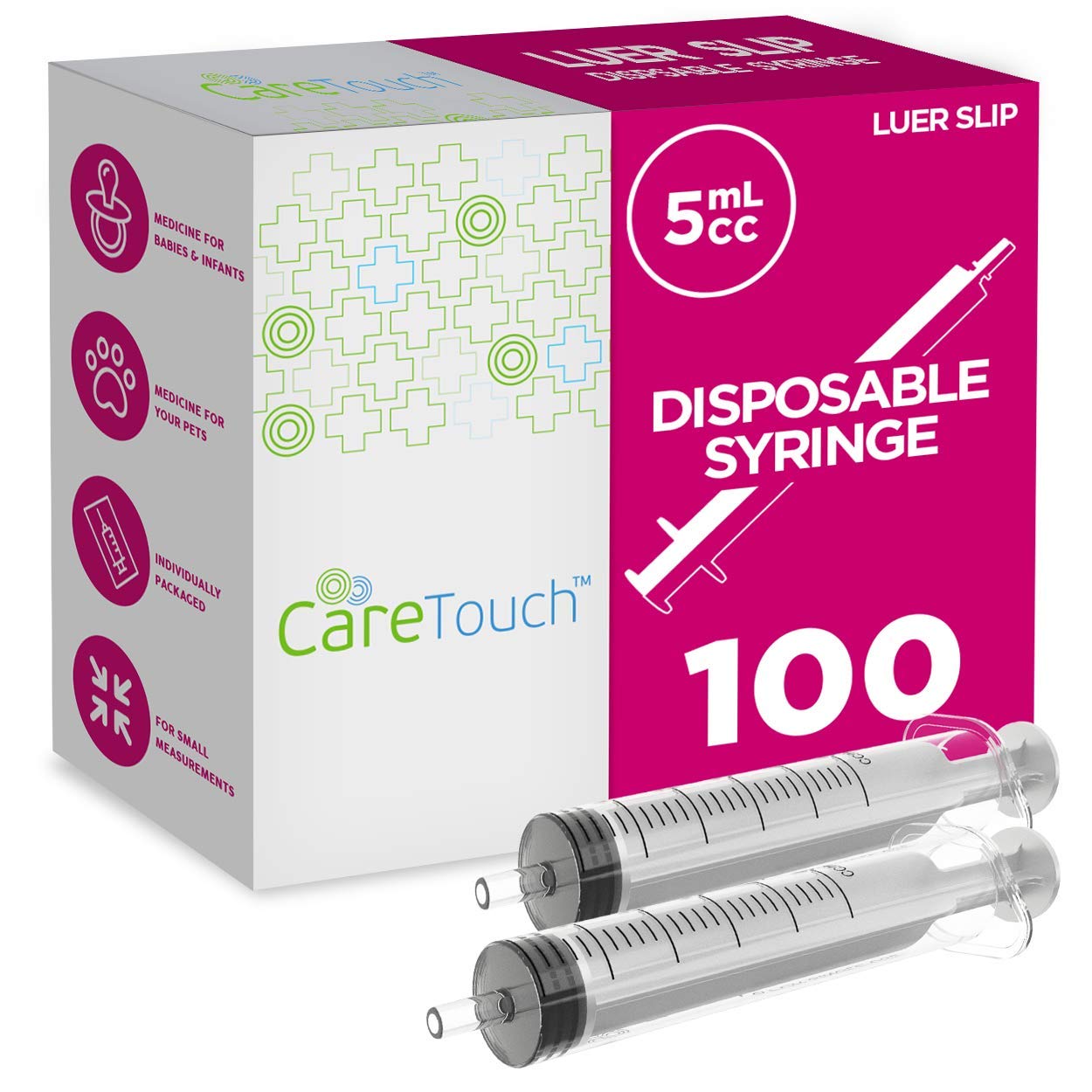 Care Touch Syringe with Luer Slip Tip - 5ml 100 Sterile Syringes (No needle) (Case of 6 units)